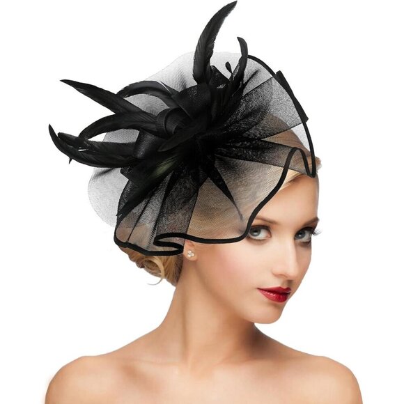 Women\'s Vintage Linen Feather Fascinator Hat for Wedding Derby Party main image 4